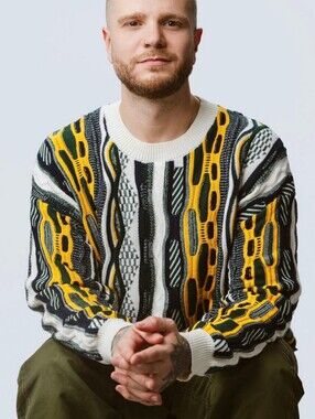 Djab Simons Navy, Yellow, Cream & Forest Green Patterned Crewneck Sweater